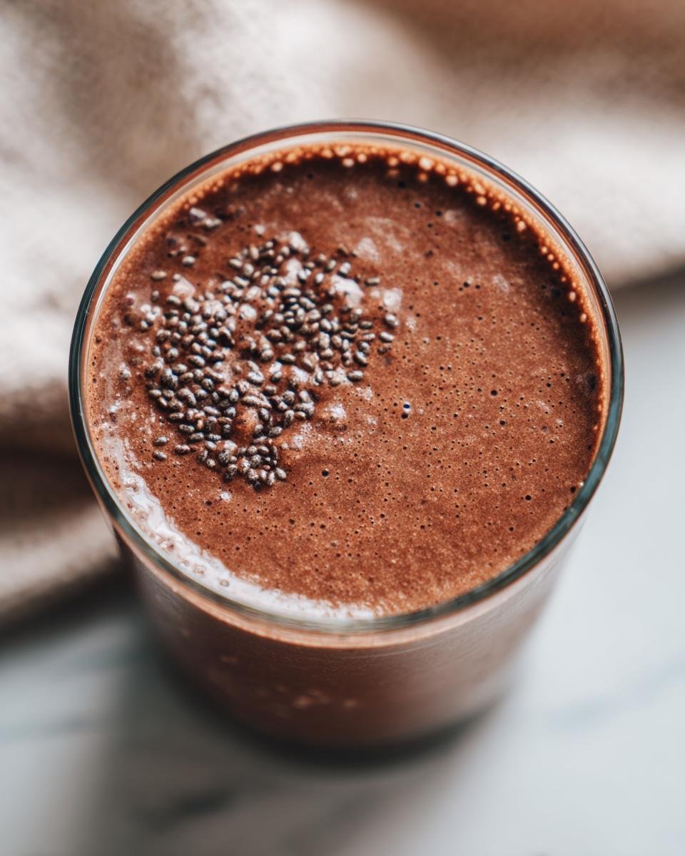 Top-down view of a rich Vegan Chocolate Protein Shake in a glass, topped with chia seeds.