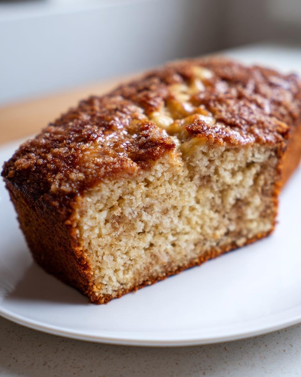 A slice of Vegan Cinnamon Crunch Banana Bread on a white plate, showing the moist crumb and crunchy topping.