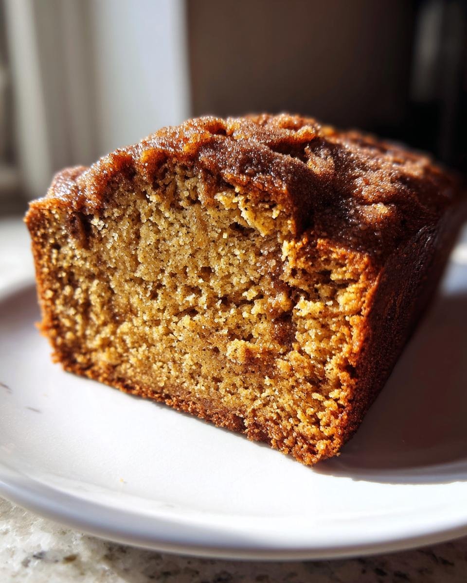 A close-up of a slice of Vegan Cinnamon Crunch Banana Bread on a white plate, showing its moist crumb and golden-brown crust.