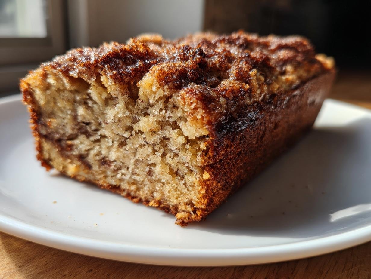 A slice of moist Vegan Cinnamon Crunch Banana Bread on a white plate, showcasing its crumb and cinnamon swirl.