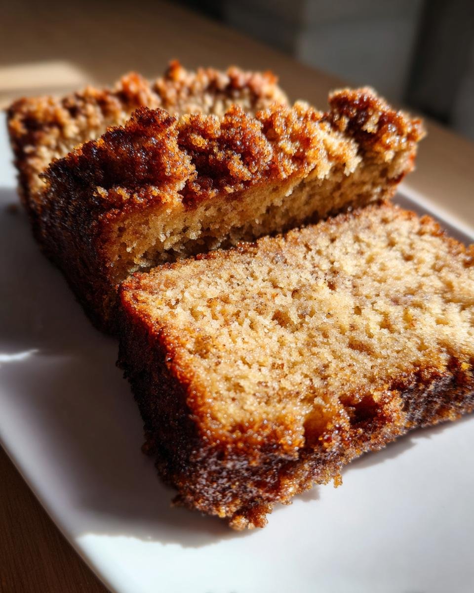 Close-up of two slices of Vegan Cinnamon Crunch Banana Bread on a white plate, showcasing the moist crumb and crunchy topping.