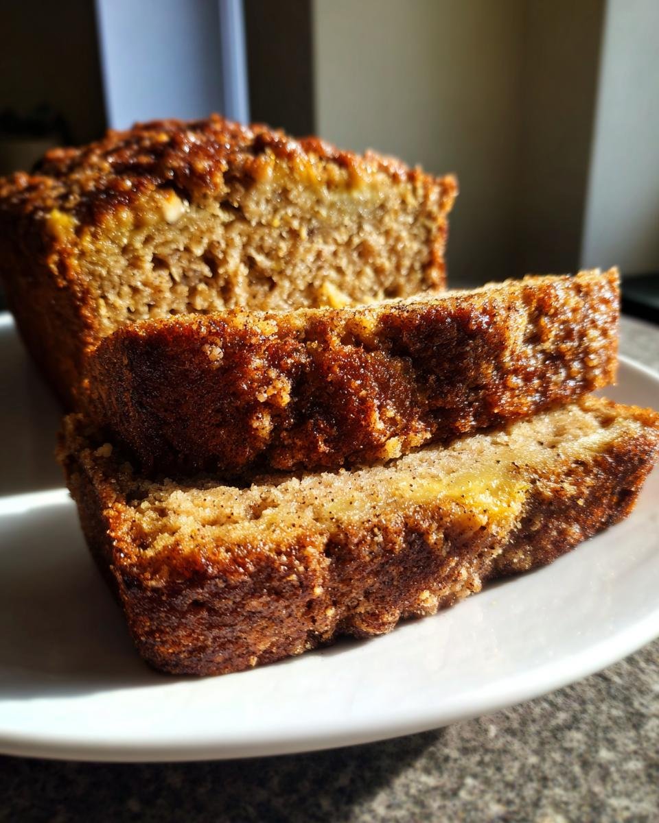 Close-up of two slices of Vegan Cinnamon Crunch Banana Bread stacked on a white plate.
