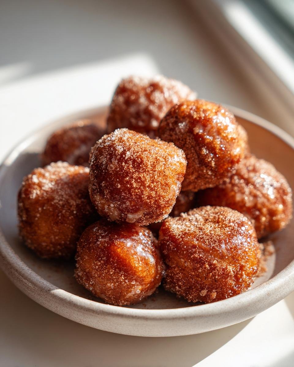 A close-up of several golden-brown Vegan Gingerbread Donut Holes coated in sparkling cinnamon sugar.
