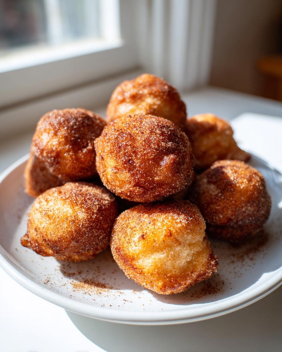 A stack of warm Vegan Gingerbread Donut Holes coated heavily in cinnamon sugar on a white plate.