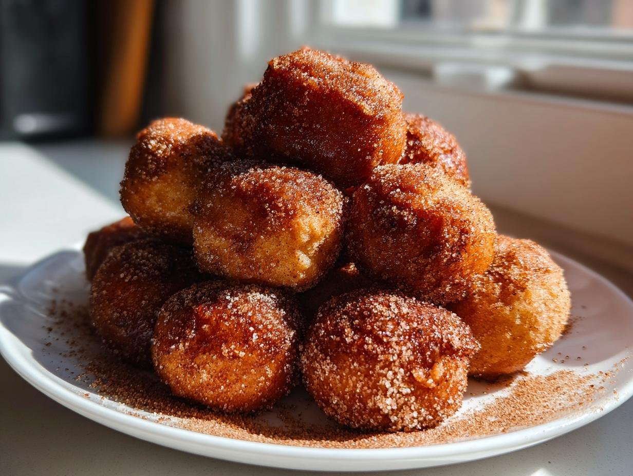 A stack of golden brown Vegan Gingerbread Donut Holes heavily coated in cinnamon sugar, served on a white plate.
