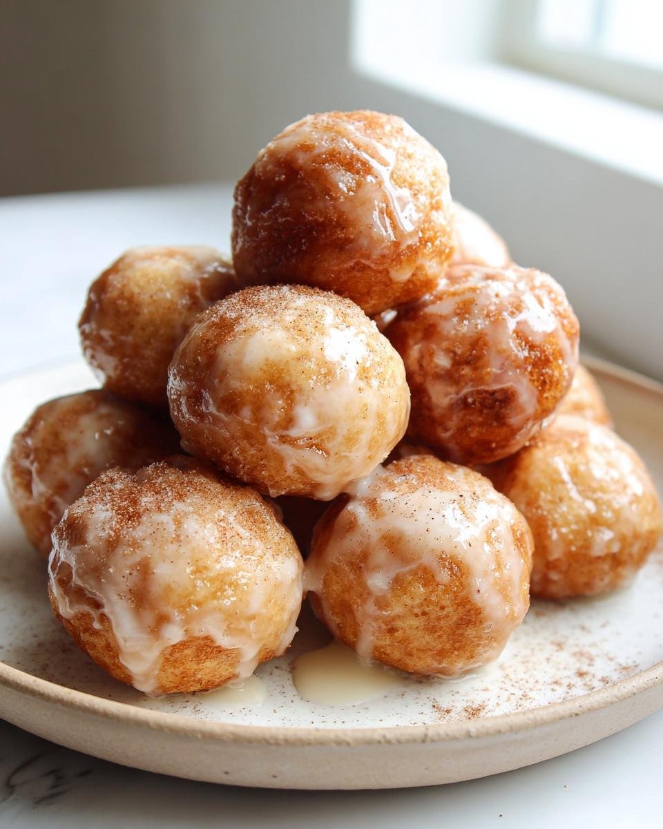 A stack of golden-brown Vegan Gingerbread Donut Holes covered in a sweet white glaze and sprinkled with cinnamon.