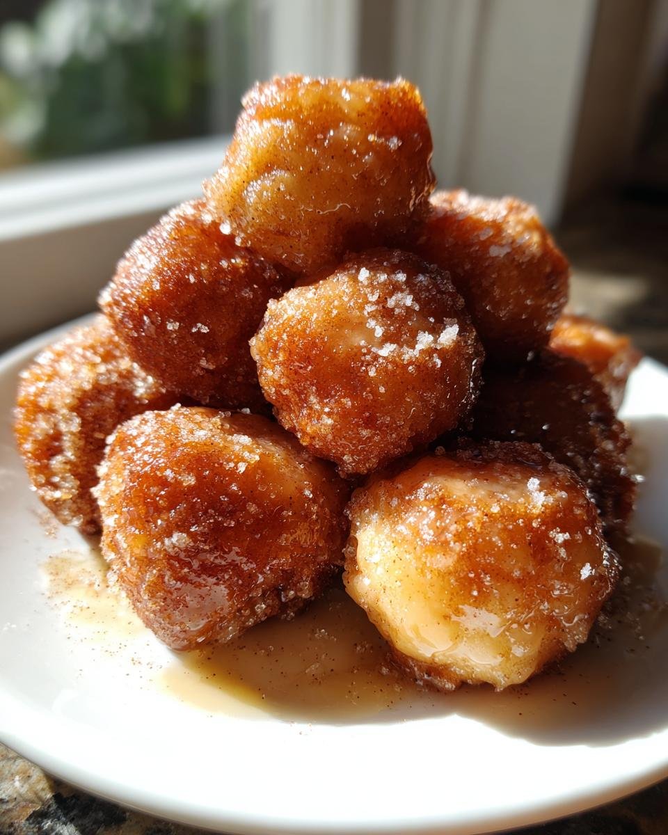 A stack of golden brown Vegan Gingerbread Donut Holes coated in cinnamon sugar and sitting in a light glaze.