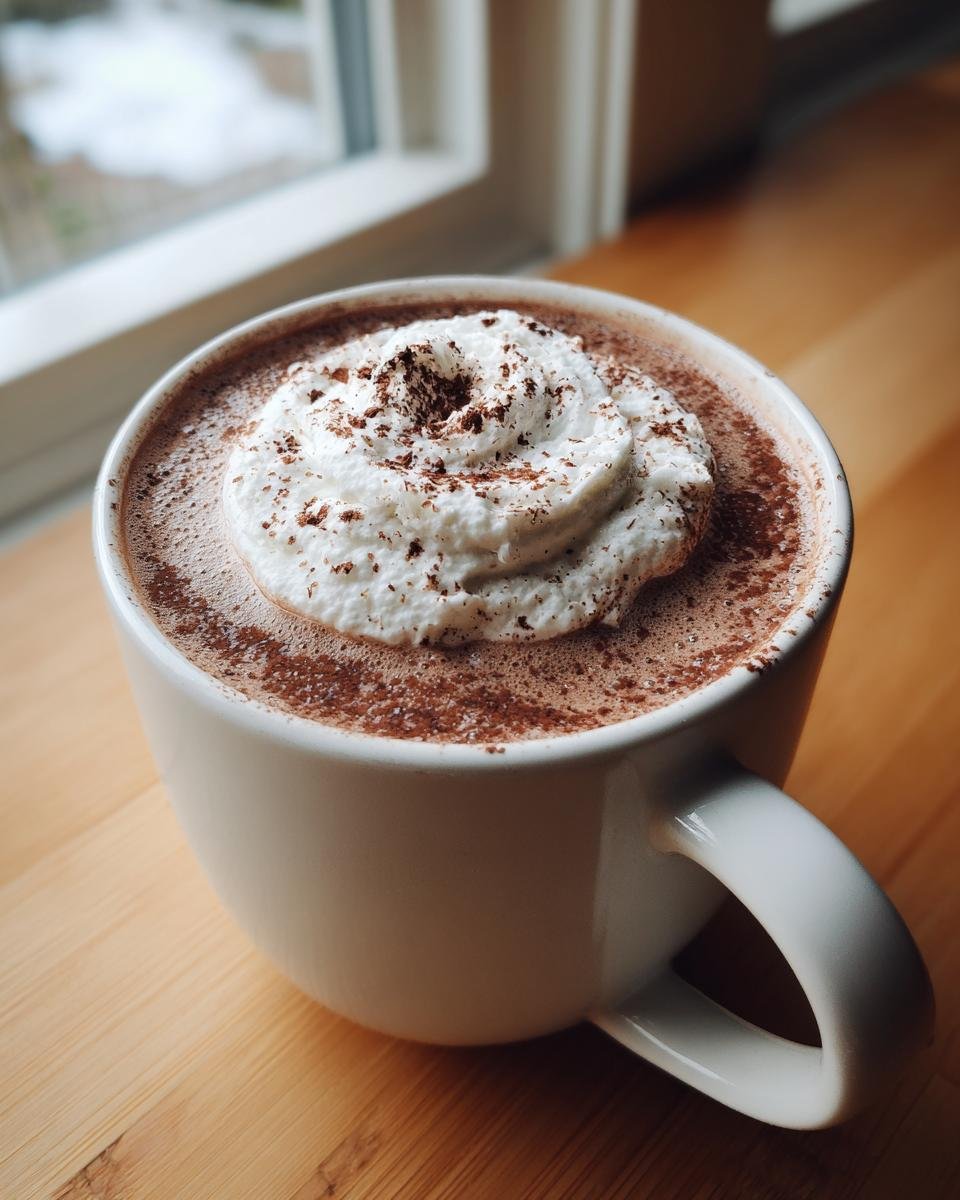 A close-up of rich Vegan Hot Chocolate With Coconut Cream topped with whipped cream and cocoa powder.