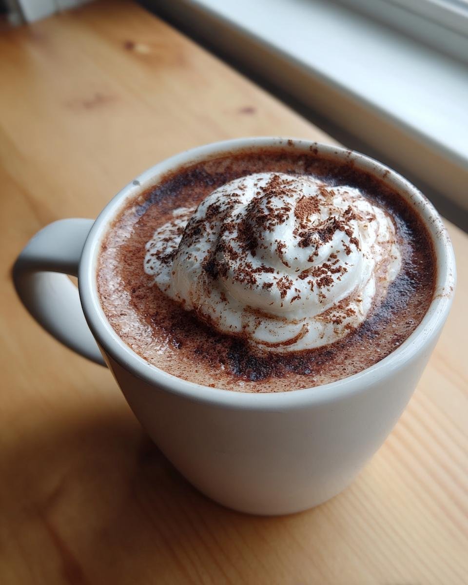 Close-up of a mug of Vegan Hot Chocolate With Coconut Cream, topped with a swirl of whipped cream and cocoa powder.