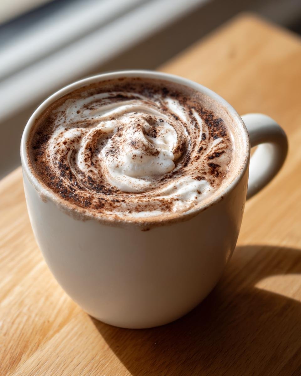Close-up of a mug of Vegan Hot Chocolate With Coconut Cream topped with cocoa powder.
