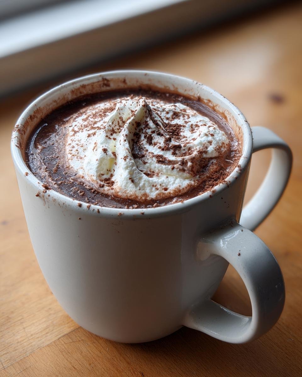 Close-up of a mug filled with rich Vegan Hot Chocolate With Coconut Cream, topped with whipped cream and cocoa powder.