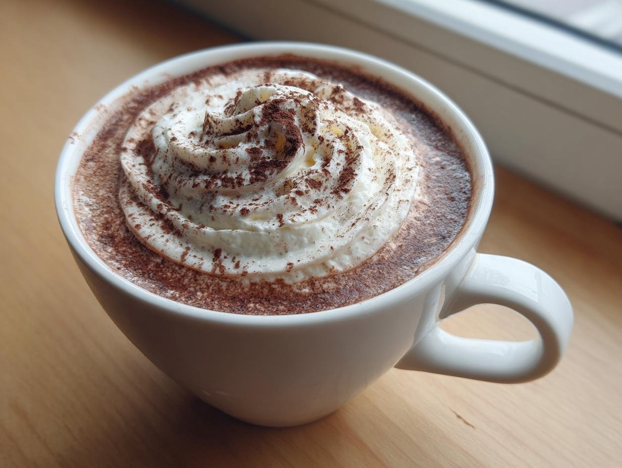 Close-up of a mug filled with rich Vegan Hot Chocolate With Coconut Cream, topped with whipped cream and cocoa powder.