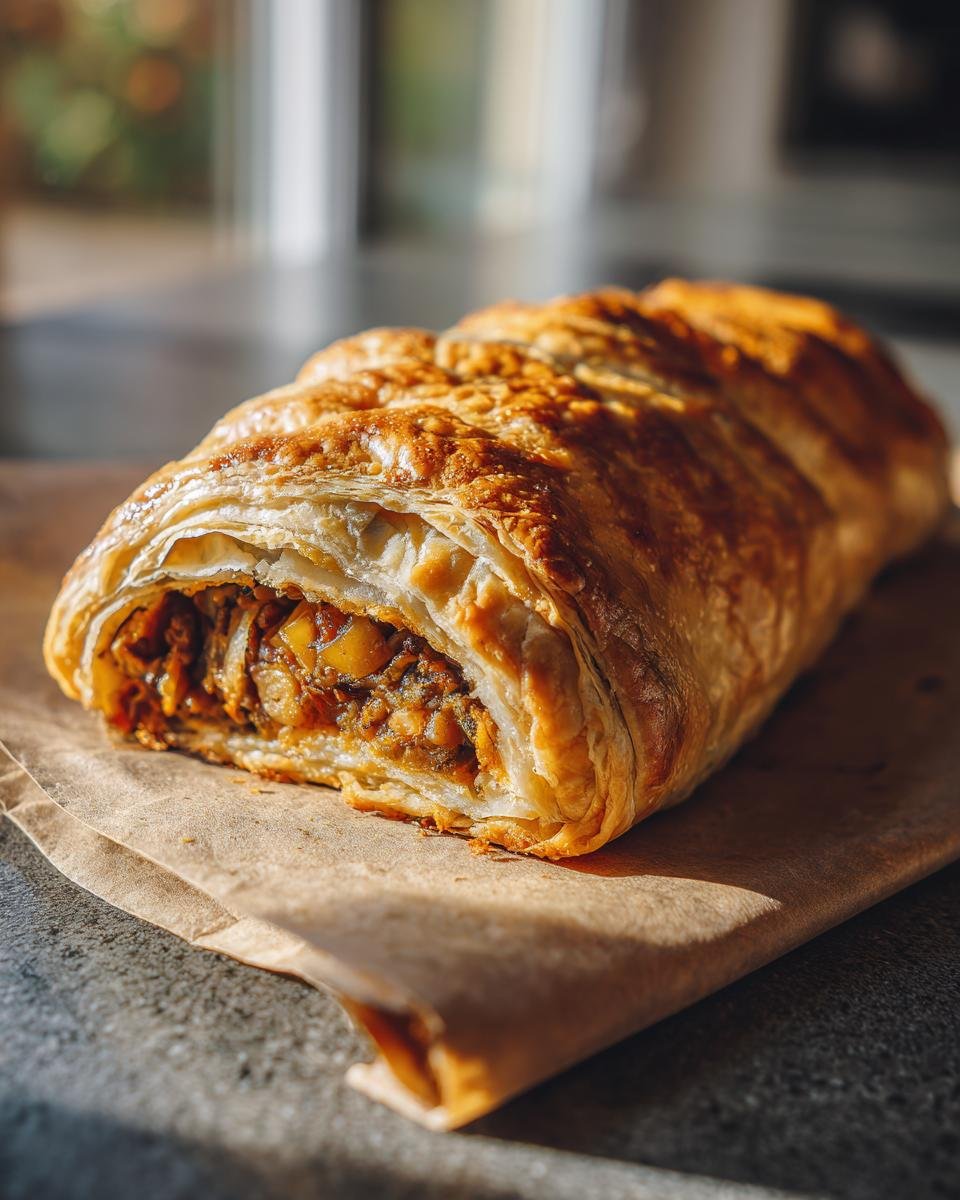 A close-up of a golden-brown Vegan Lentil Wellington, showing the flaky pastry and rich lentil filling.