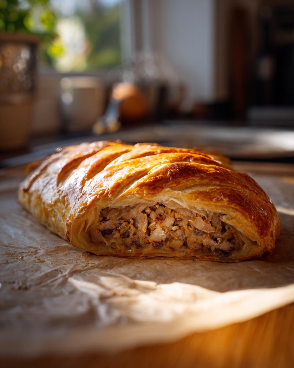 A close-up of a golden-brown Vegan Lentil Wellington, showcasing its flaky pastry and hearty filling.