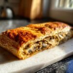 A close-up of a golden-brown Vegan Lentil Wellington, showing flaky pastry filled with mushrooms and lentils.