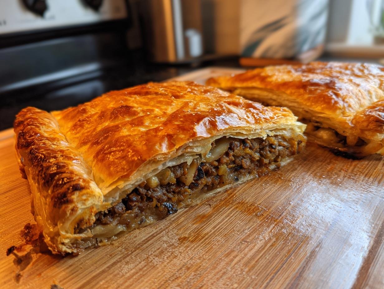 A golden-brown slice of Vegan Lentil Wellington with flaky pastry and a rich lentil filling on a wooden cutting board.
