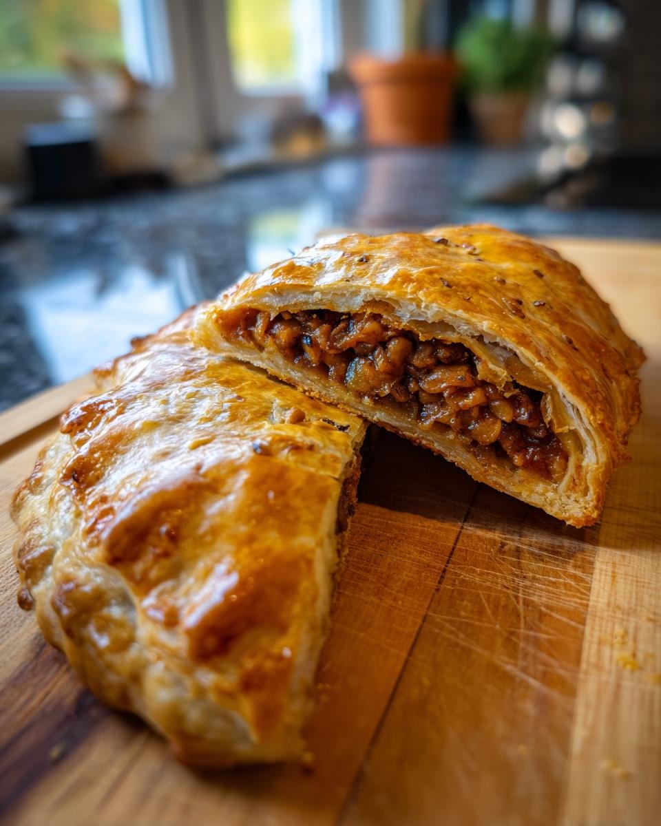 A golden-brown Vegan Lentil Wellington, sliced in half to reveal the hearty lentil and vegetable filling.