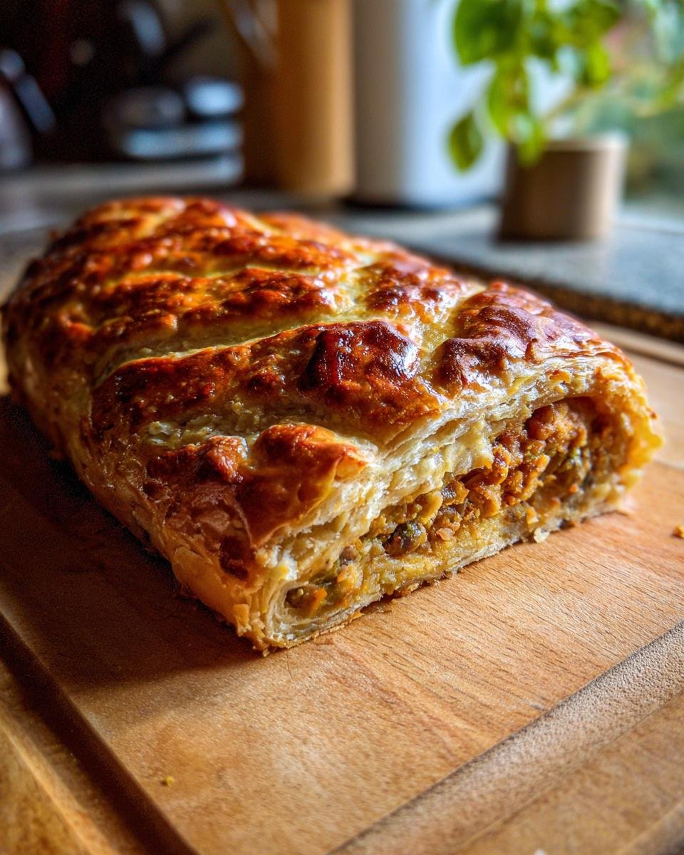 A golden-brown, flaky Vegan Lentil Wellington, sliced to reveal a rich lentil and vegetable filling, presented on a wooden cutting board.