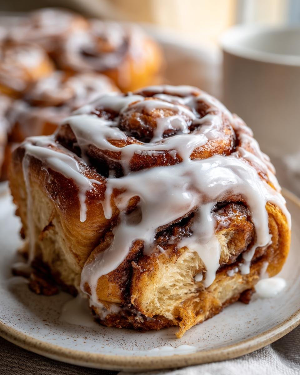 A close-up of a single, fluffy Vegan Pumpkin Cinnamon Roll generously topped with white icing.