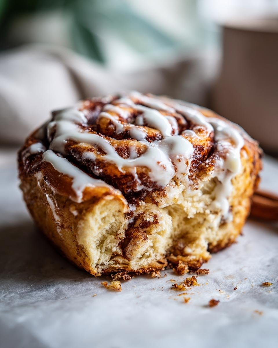 A close-up of a fluffy Vegan Pumpkin Cinnamon Rolls with a bite taken out, drizzled with white icing.