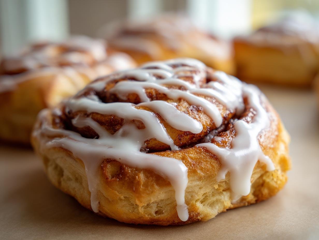 A close-up of one freshly baked Vegan Pumpkin Cinnamon Roll generously drizzled with white icing.