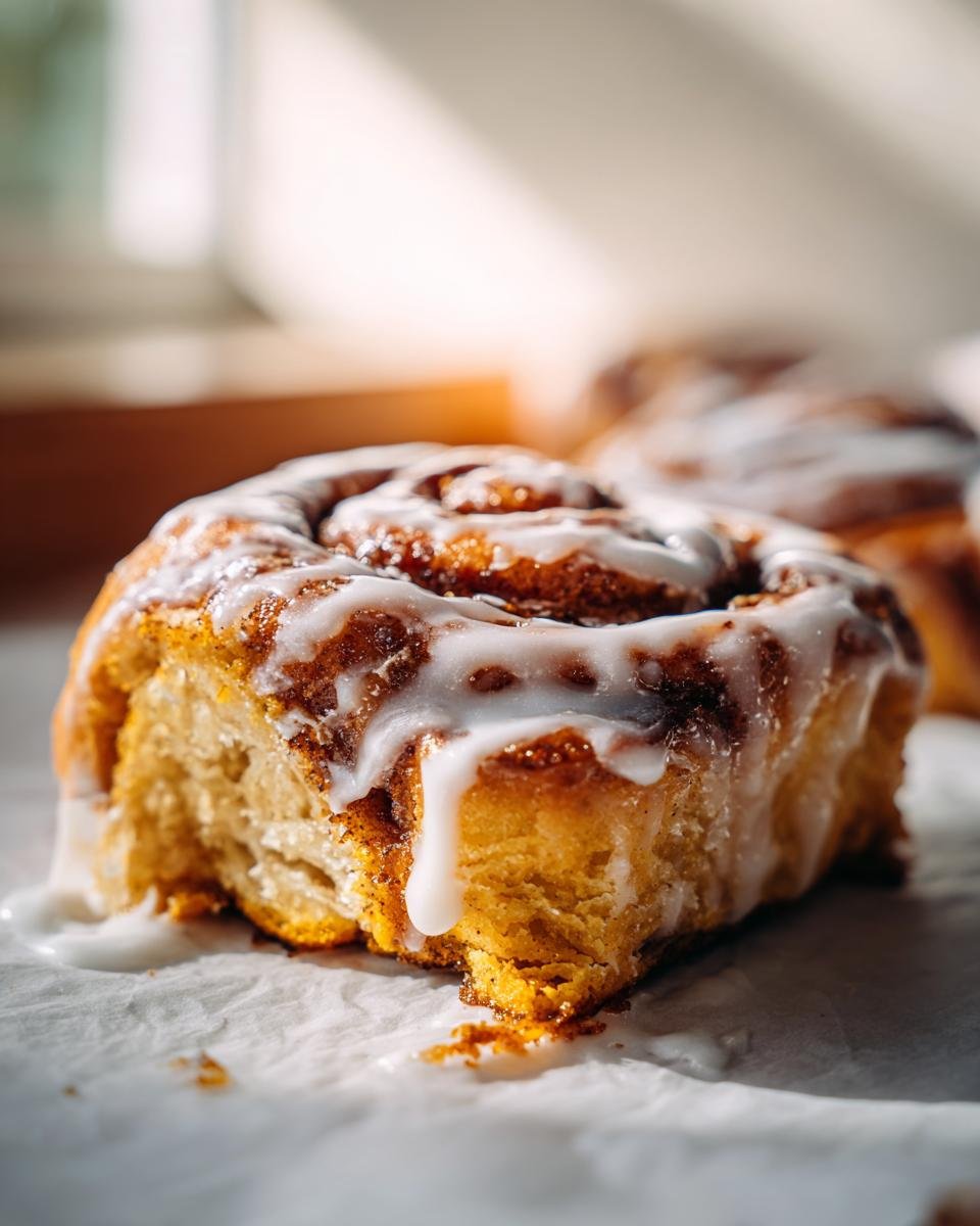 Close-up of a delicious Vegan Pumpkin Cinnamon Rolls slice, drizzled heavily with white icing.