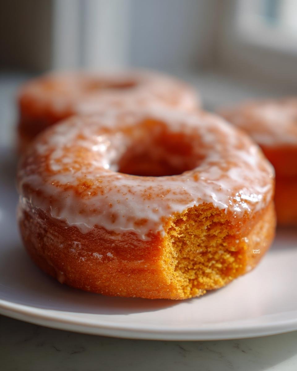 A close-up of a Vegan Pumpkin Donut With Glaze, showing a bite taken out to reveal the moist orange interior.