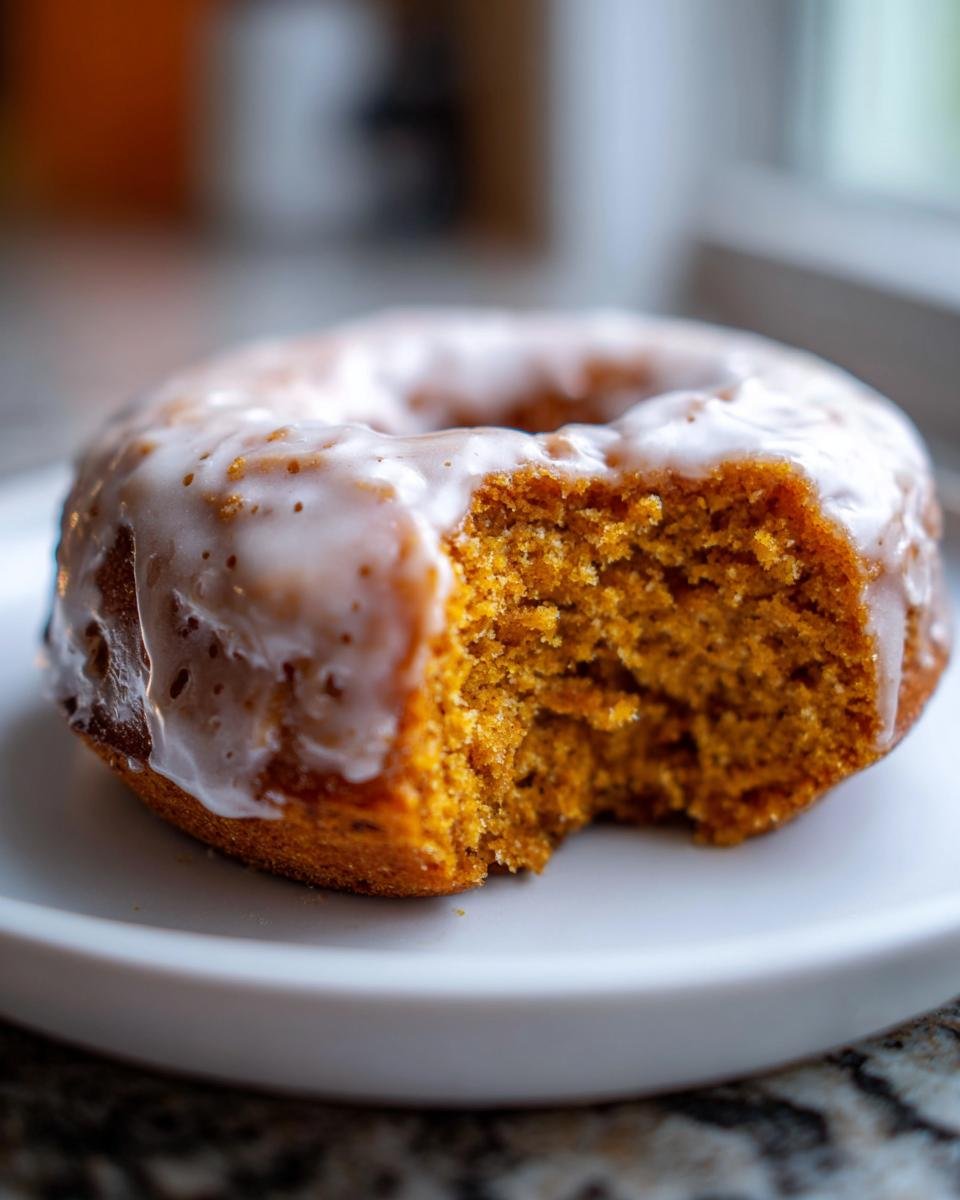 Close-up of a Vegan Pumpkin Donut With Glaze, showing a bite taken out revealing the moist, orange interior.