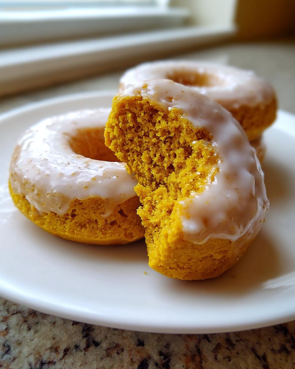 A close-up of a stack of Vegan Pumpkin Donuts With Glaze, one broken open to show the moist interior.