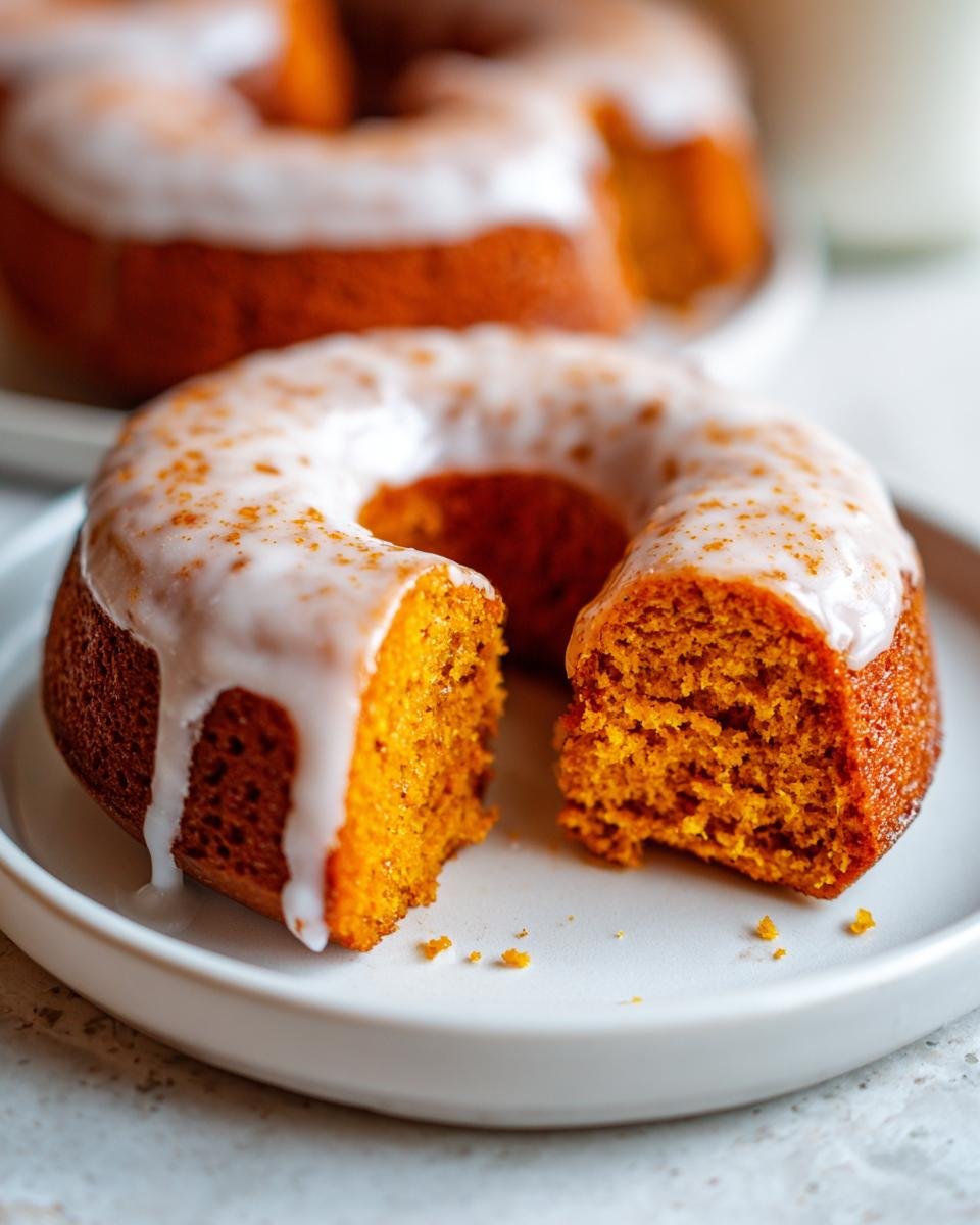 A Vegan Pumpkin Donut With Glaze, cut in half to show the moist orange interior, resting on a white plate.