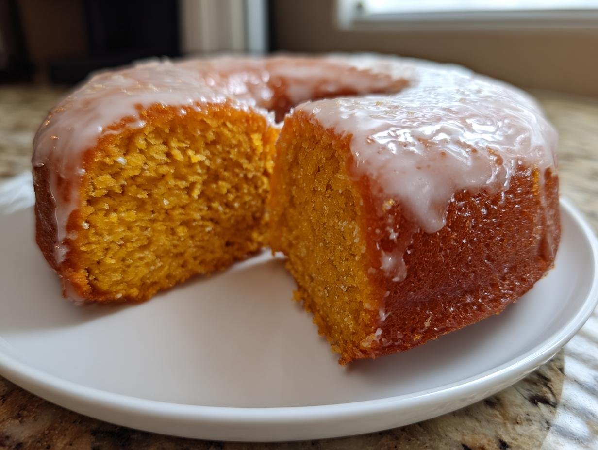 A close-up of a sliced Vegan Pumpkin Donuts With Glaze cake, showing the moist orange crumb and thick white glaze.