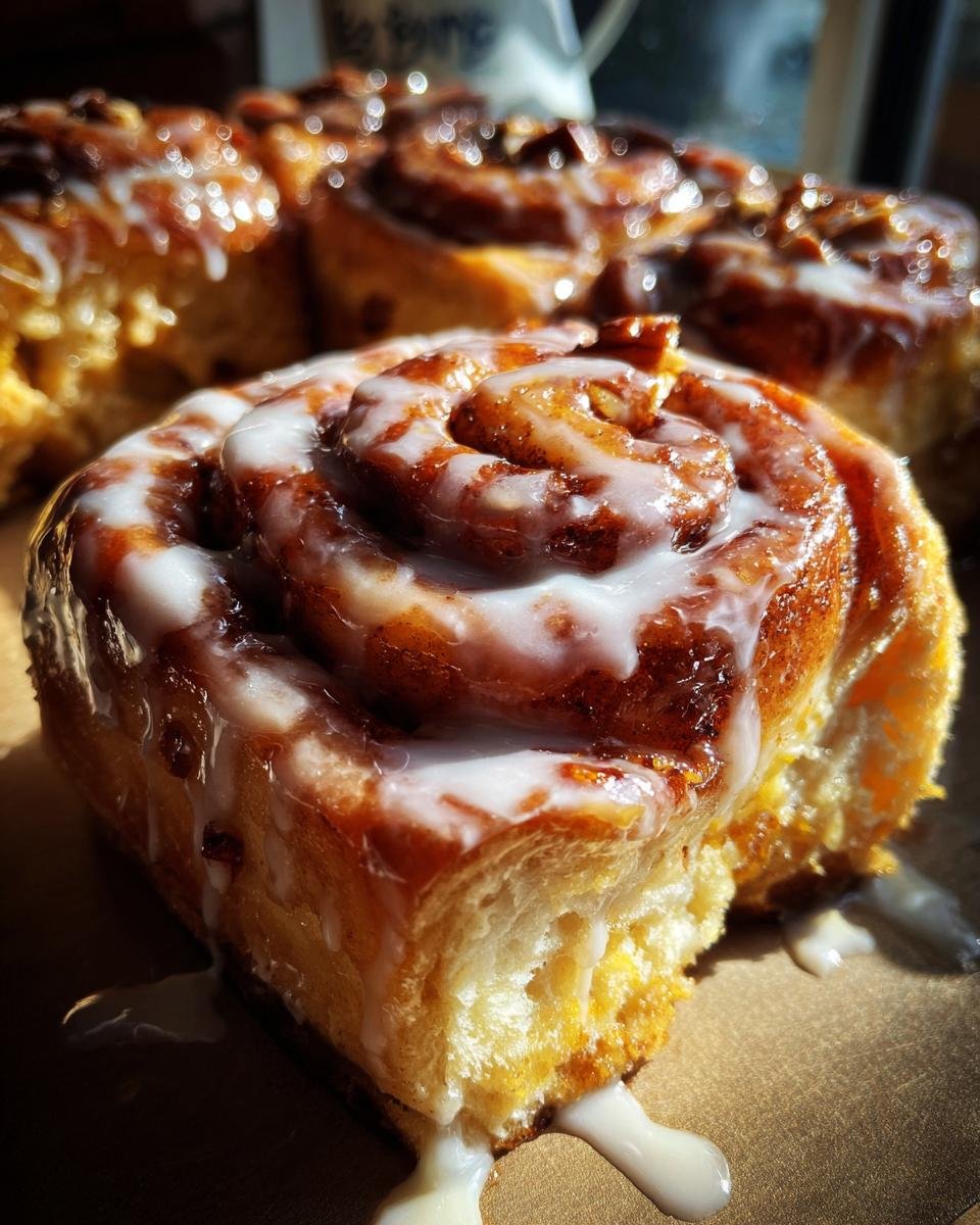 A close-up of a fluffy Vegan Sweet Potato Cinnamon Roll topped with thick white icing dripping down the sides.