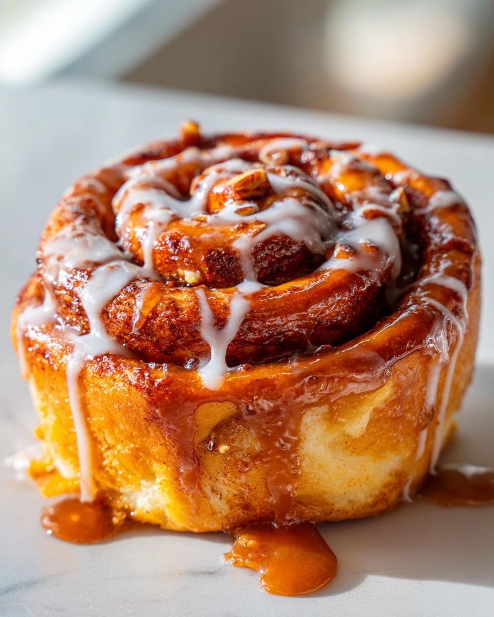 A close-up of a single Vegan Sweet Potato Cinnamon Roll drizzled with white icing and sticky maple pecan glaze.