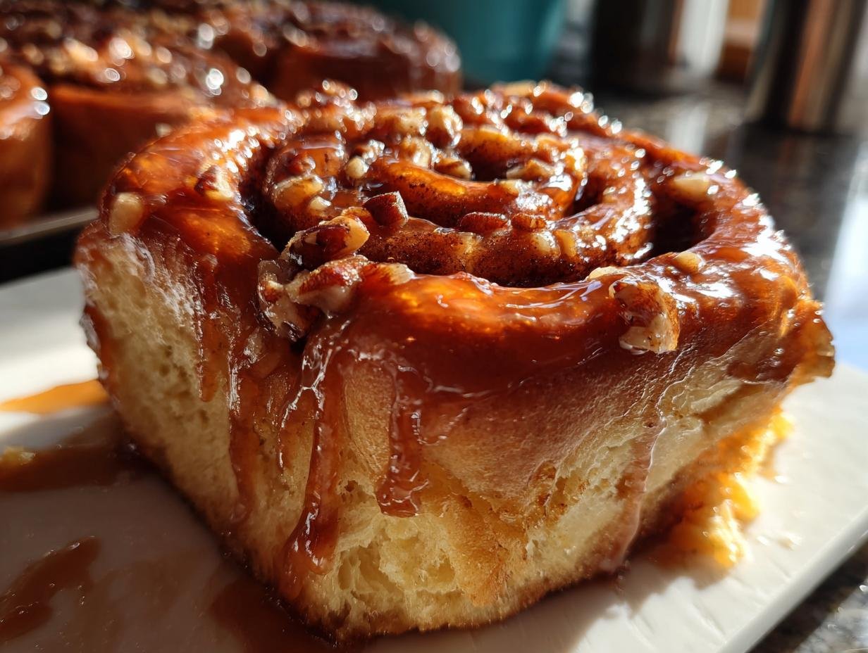 A close-up of a sticky Vegan Sweet Potato Cinnamon Roll topped with maple pecan glaze and chopped pecans.