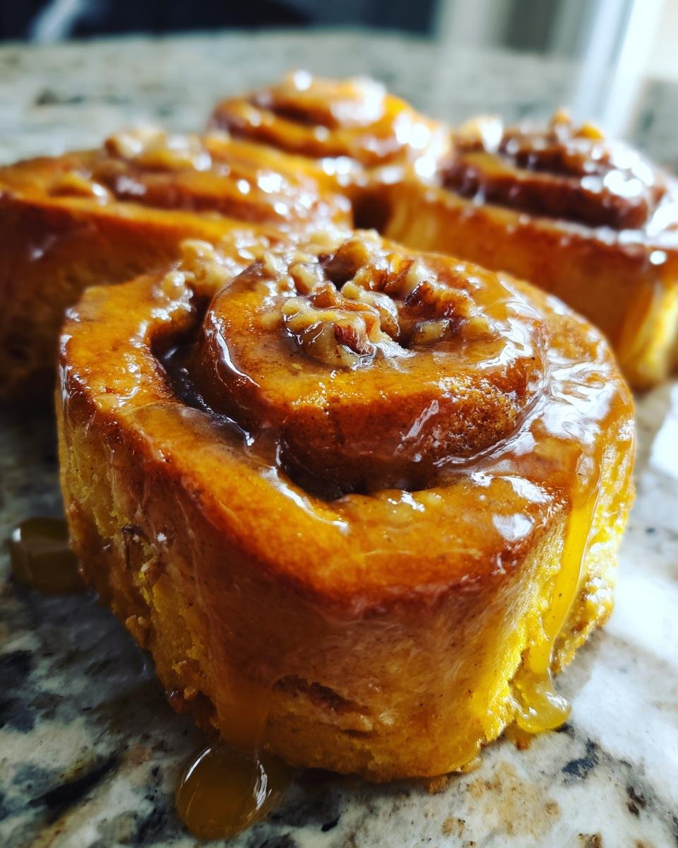 Close-up of gooey Vegan Sweet Potato Cinnamon Rolls topped with maple pecan glaze.