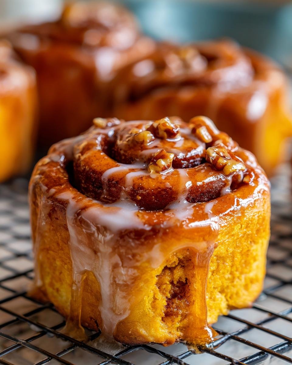 A close-up of a moist Vegan Sweet Potato Cinnamon Roll topped with maple pecan glaze and chopped pecans.