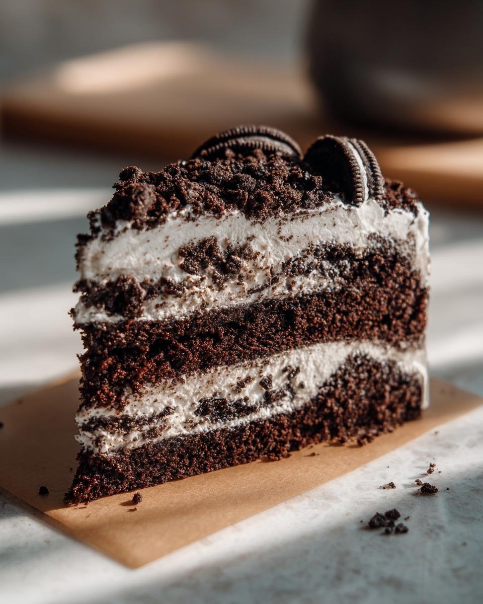 A decadent slice of Vegan Vanilla Oreo Cake, showcasing layers of dark chocolate cake and creamy vanilla frosting with crushed Oreos.