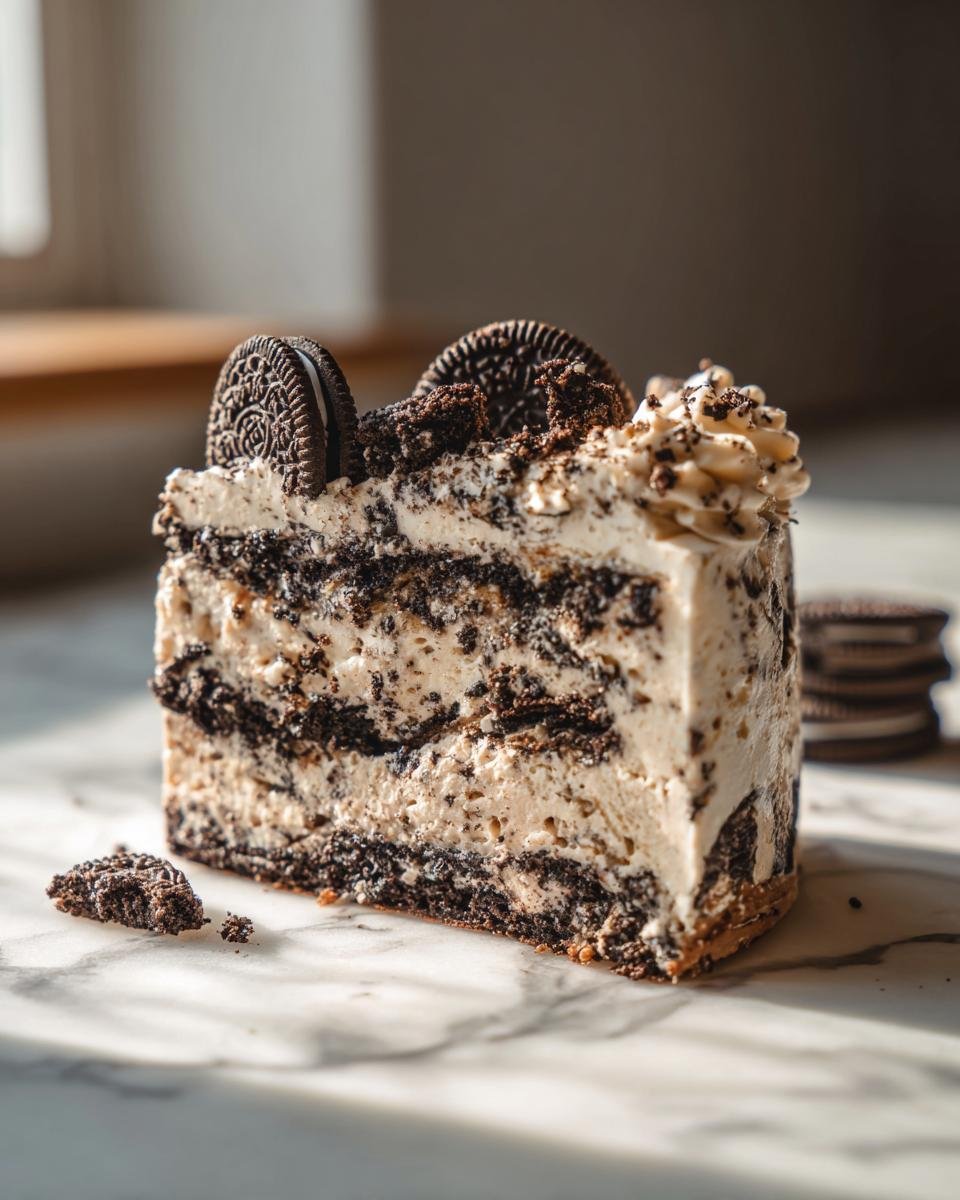 A slice of decadent Vegan Vanilla Oreo Cake, layered with vanilla cream and crushed Oreos, topped with whole Oreos.
