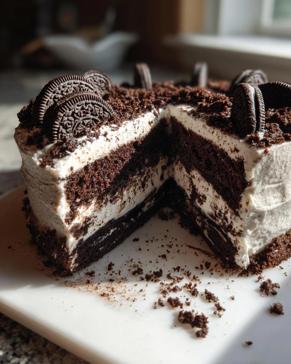 A slice of decadent Vegan Vanilla Oreo Cake, featuring layers of dark chocolate cake and vanilla frosting, topped with crushed Oreos and whole Oreo cookies.