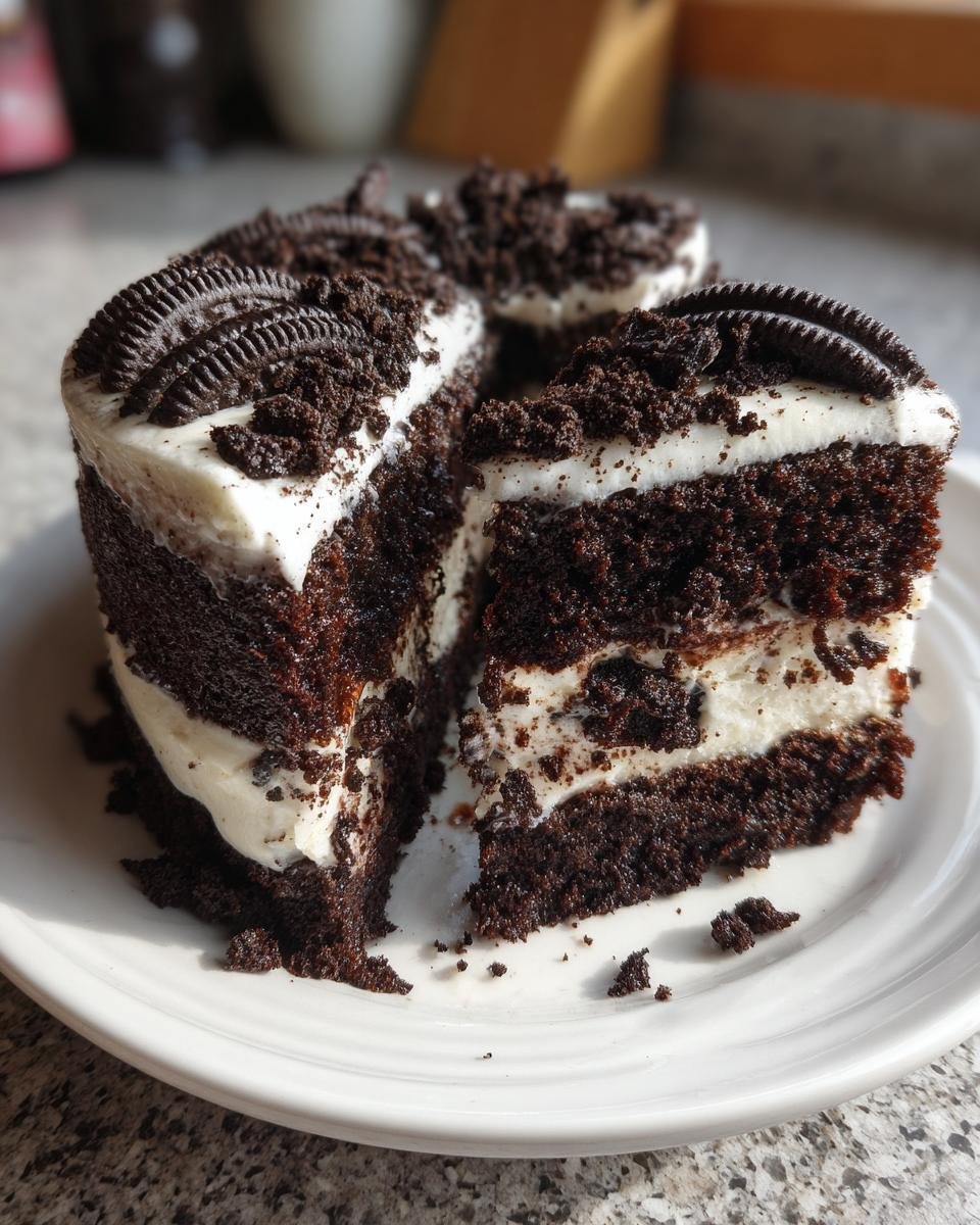 Close-up of slices of Vegan Vanilla Oreo Cake with creamy frosting and Oreo cookie crumbles.