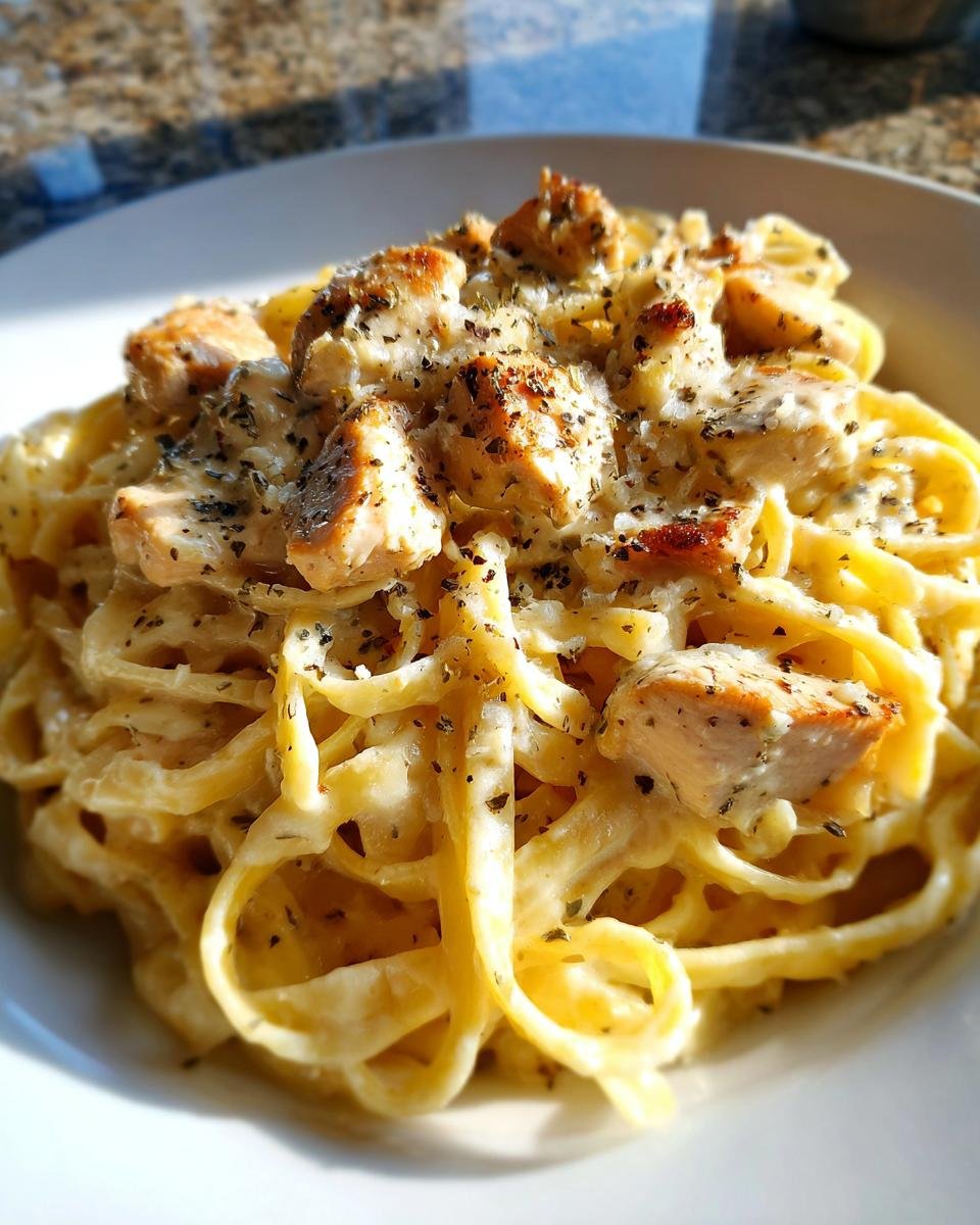 Close-up of a plate of Weeknight Creamy Chicken Alfredo pasta topped with seasoned chicken pieces and herbs.