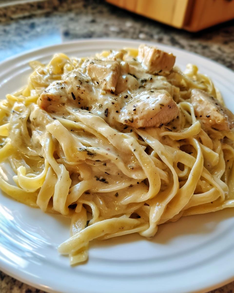 Close-up of a plate of Weeknight Creamy Chicken Alfredo pasta with fettuccine and tender chicken pieces.