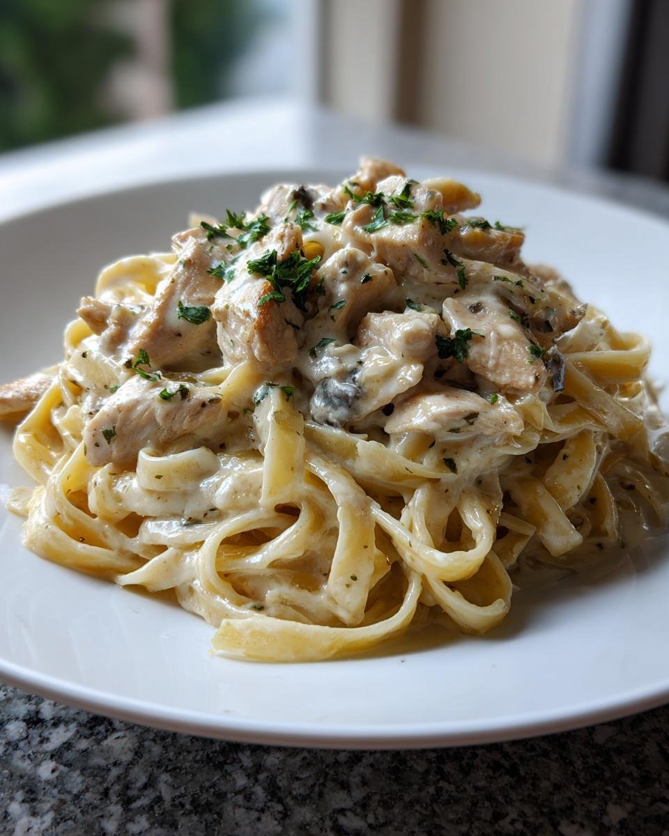 A close-up of a plate piled high with Weeknight Creamy Chicken Alfredo pasta, garnished with parsley.