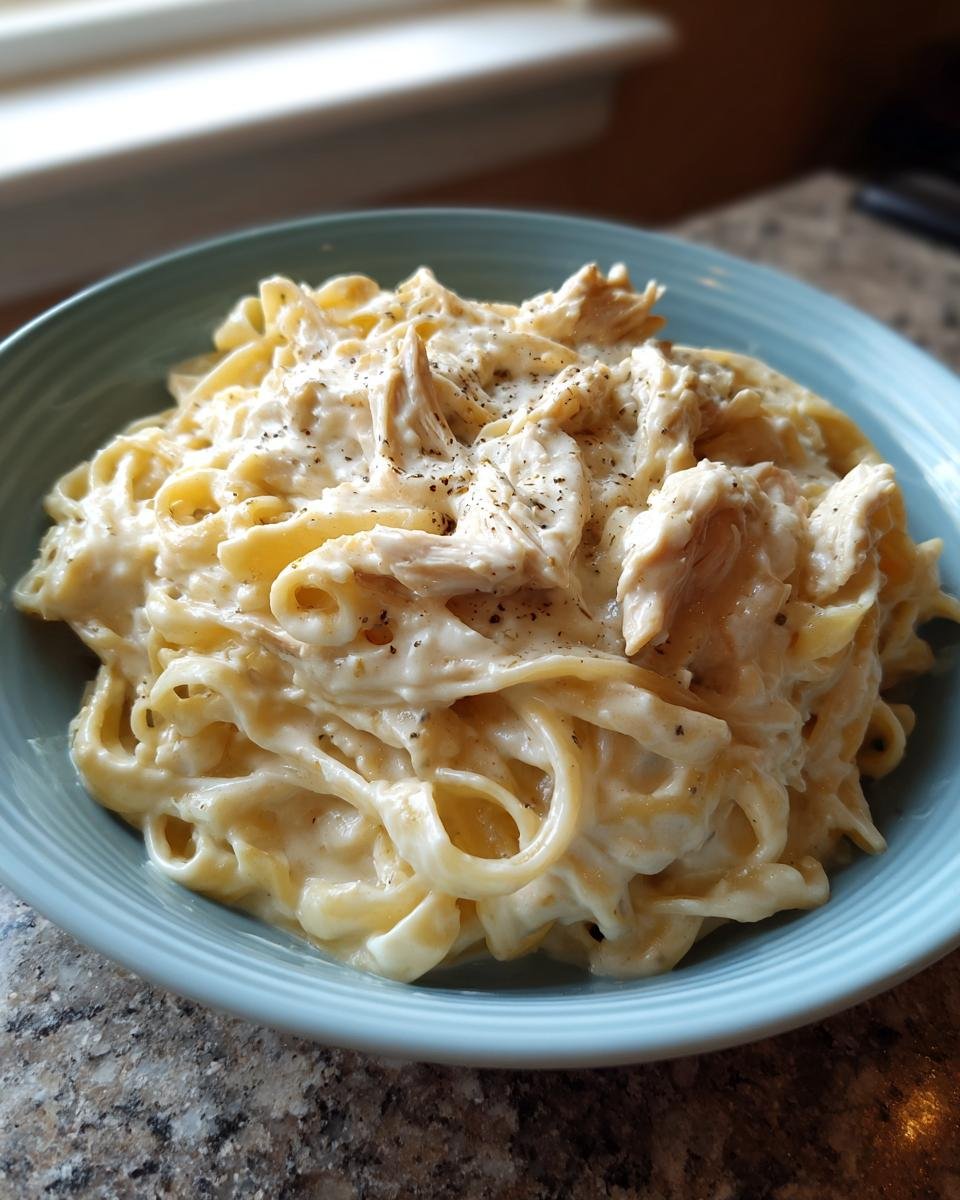 A close-up of a bowl of Weeknight Creamy Chicken Alfredo pasta, featuring fettuccine noodles coated in rich alfredo sauce with shredded chicken.