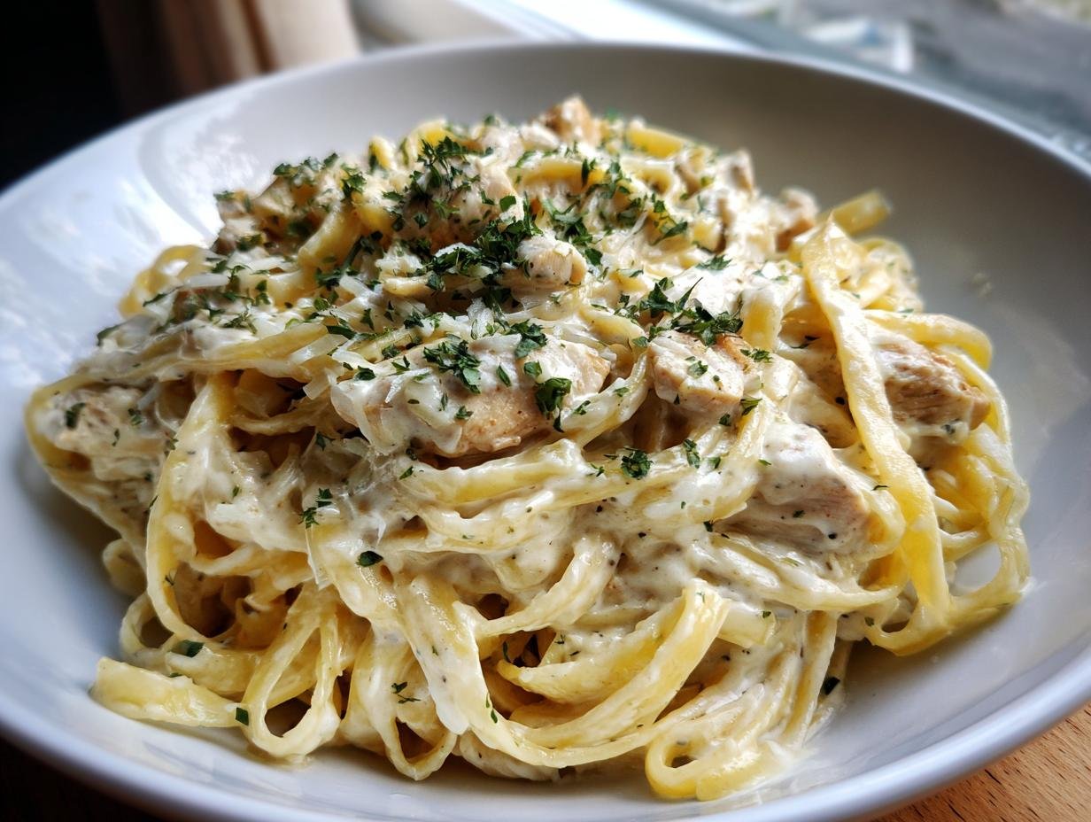 A close-up of a bowl filled with Weeknight Creamy Chicken Alfredo pasta, garnished with parsley.