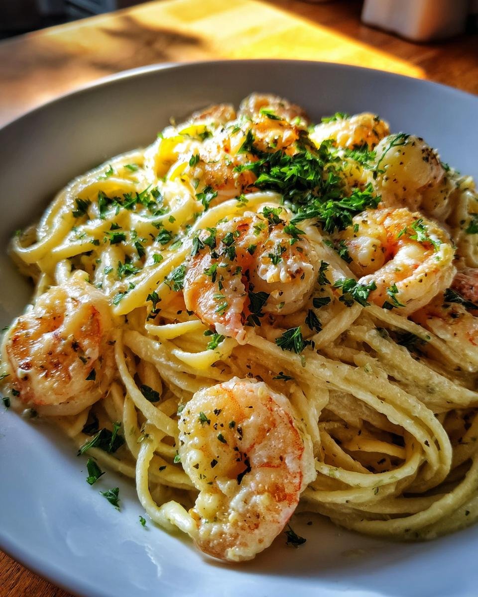 A close-up of a bowl of Weeknight Shrimp Alfredo Bucatini Pasta, topped with fresh parsley.