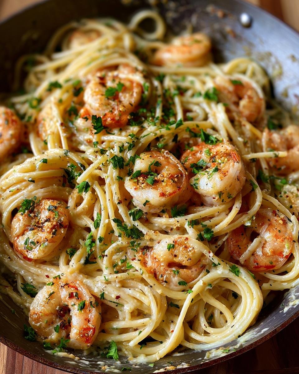 Close-up of Weeknight Shrimp Alfredo Bucatini Pasta in a pan, topped with fresh parsley.
