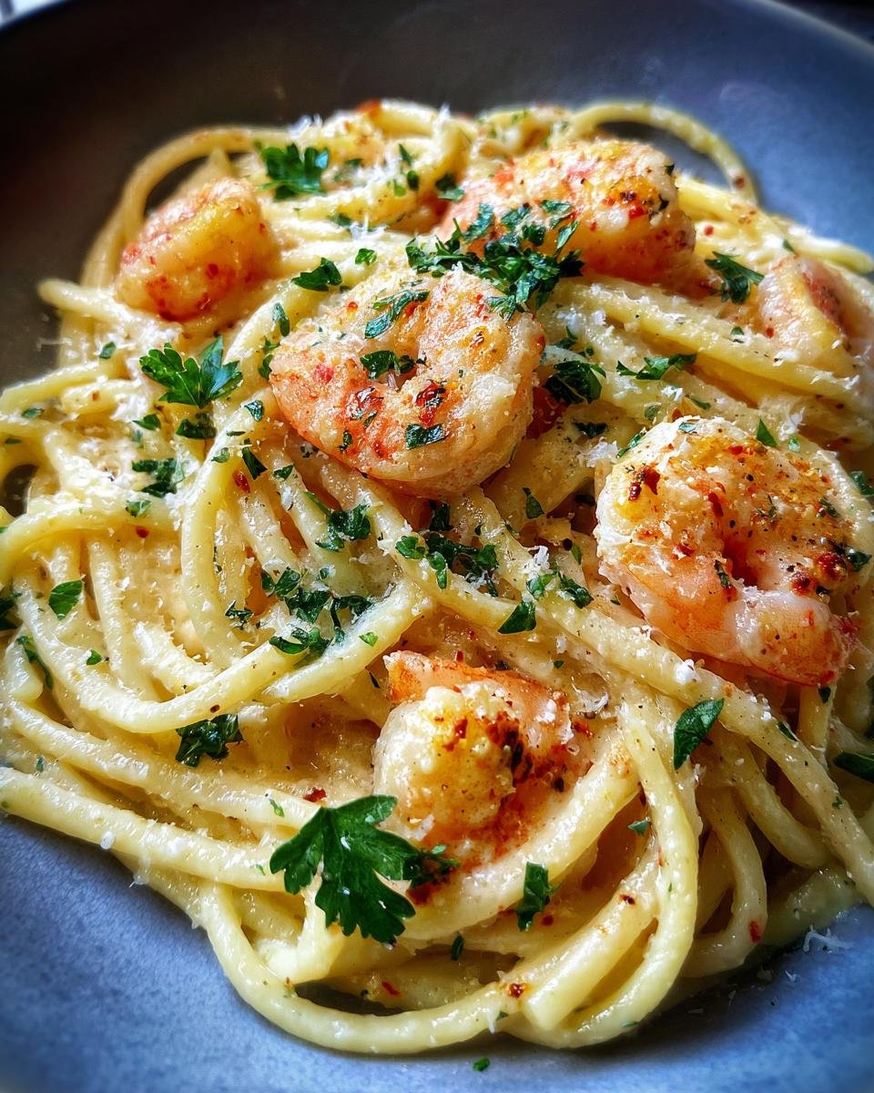 A close-up of Weeknight Shrimp Alfredo Bucatini Pasta, featuring tender shrimp and creamy sauce, garnished with parsley and cheese.