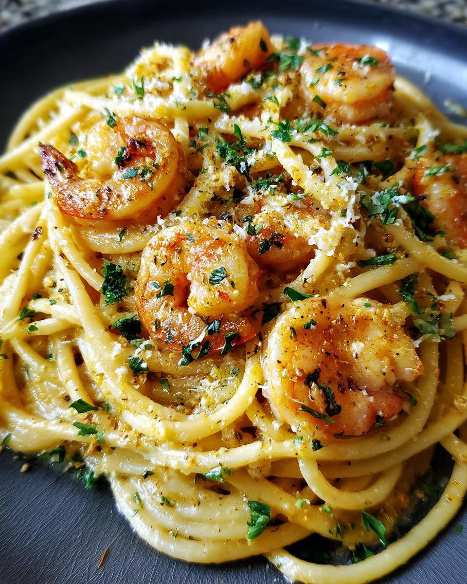 Close-up of Weeknight Shrimp Alfredo Bucatini Pasta topped with shrimp, parsley, and grated cheese.