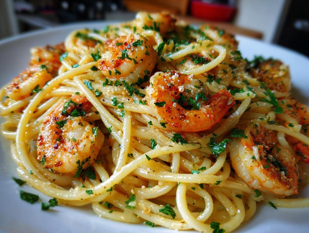A close-up of Weeknight Shrimp Alfredo Bucatini Pasta, featuring tender shrimp and al dente bucatini coated in creamy Alfredo sauce, garnished with parsley.